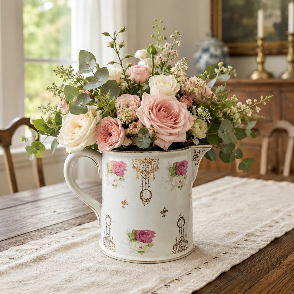 Antique Homer Laughlin Pitcher Gold Gilt Pink Rose Water Jug Semi Vitreous China